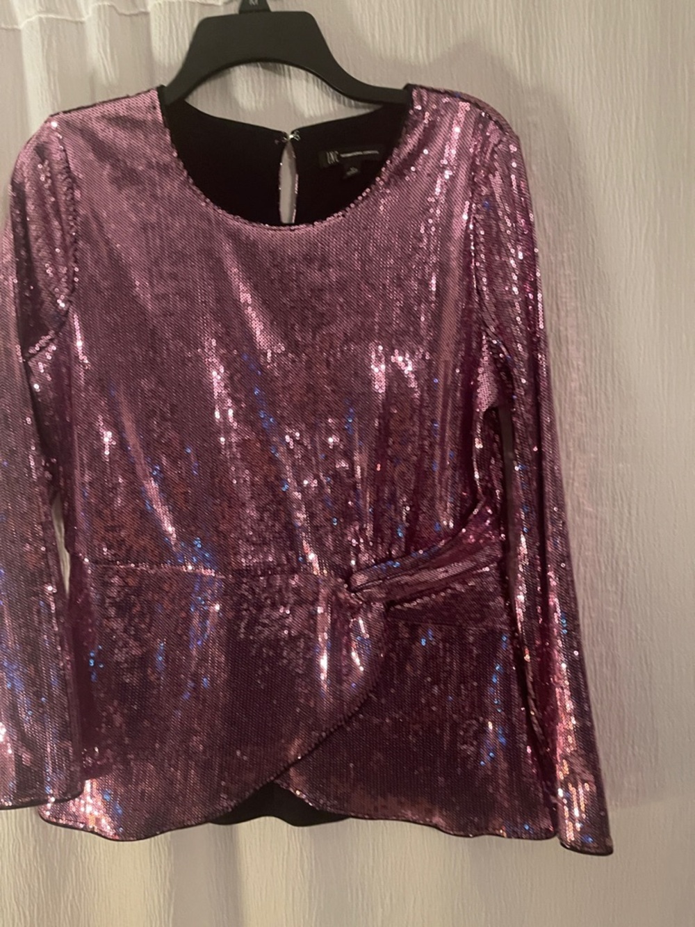 INC International Concepts Purple Sequin Long-Sleeve Peplum Top